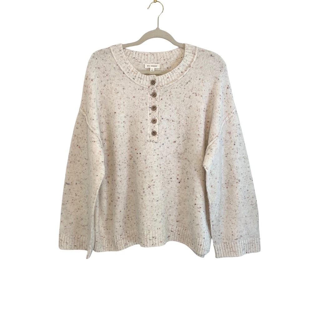 Blu Pepper Speckled Knit Henley Sweater Cream Multi Colored Buttons Size L